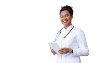 Knowledgeable African American healthcare provider managing hospital tasks on a tablet