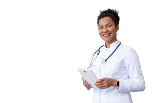 Knowledgeable African American healthcare provider managing hospital tasks on a tablet