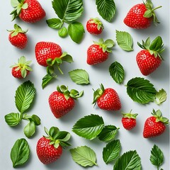Elegant Strawberry and Leaf Pattern on Light Grey Background