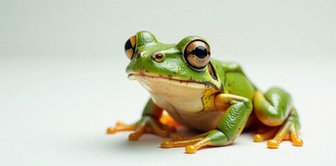 Obraz premium Frog head on white background with blurred surroundings, water feature, blurred environment, animal profile