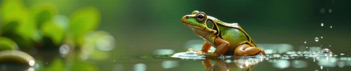Fototapeta premium Frog jumping in the water with droplets surrounding it, water, droplet, jump