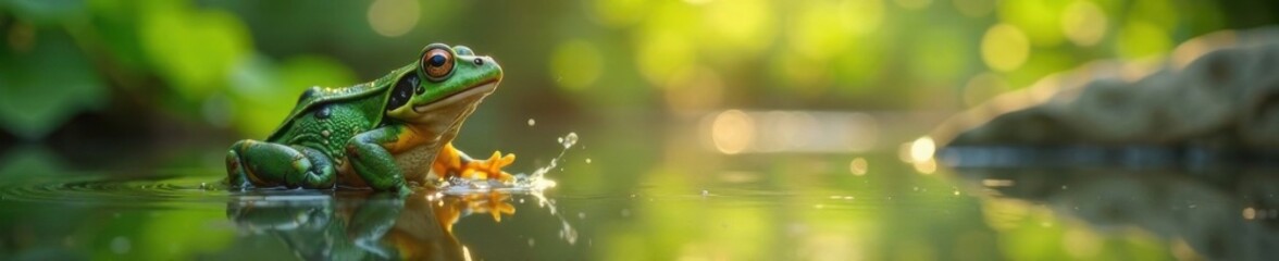 Frog jumping into a pool of water during the day, frog, swimming, summer vacation