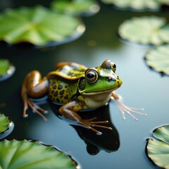 Fototapeta premium Frog in pond with lily pads, garden, serene, lily pads
