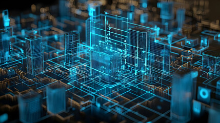 Obraz premium Abstract Digital Cityscape With Blue Light Network Grid And Futuristic Technology Visualization
