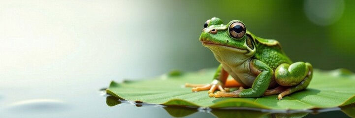 Frog on white panel in a pond environment, pond, nature, water