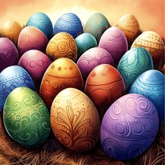 Obraz premium Colorful Easter eggs arranged in a decorative display during a spring celebration at sunset. Generative AI