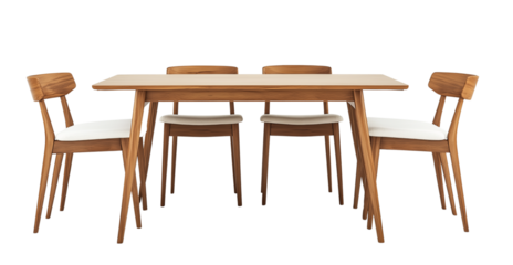  dining table with four chairs, front view angle, transparent background PNG  