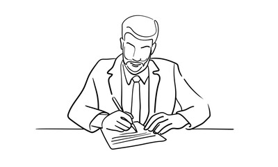 Man writes with a pen, continuous line drawing. Education, hobby, library. Vector illustration isolated on white background