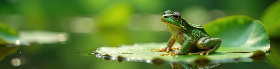 Fototapeta premium Frog perched on a lily pad in the morning dew, water, pond, frog