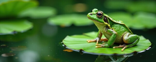 Obraz premium Frog perched on a lily pad, water, lily pad, paddle