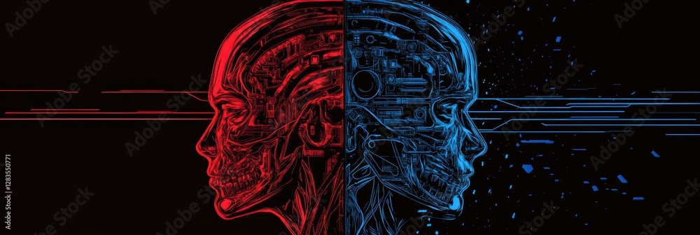Fototapete Human and machine merge in a detailed cybernetic illustration featuring an AI powered head design with vivid textures. Generative AI