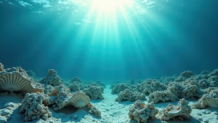 Underwater view of a bleached coral reef with damaged coral colonies and sunlight filtering through	