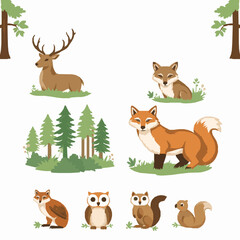 Forest Animal Icons, Deer, Wolf, Fox, Owl, Squirrel, Nature Wildlife High Quality Vector Illustration