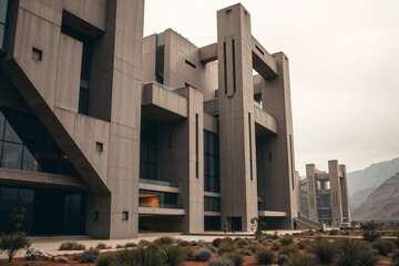 Brutalist concrete building in a desert landscape with mountains