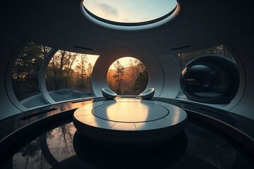 Futuristic circular room with panoramic nature view at sunset