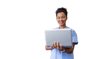 African American nurse holding and working on a laptop