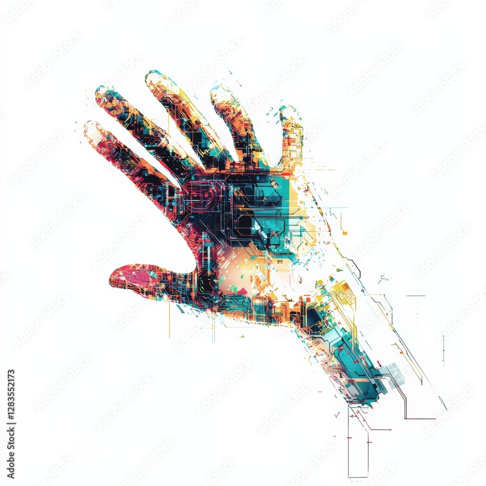 Poster cybernetic touch: an artistic representation of a hand with vibrant circuitry patterns overlaid, ble