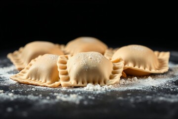 Fresh handmade ravioli with flour on dark background