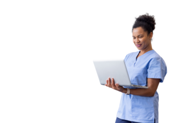 Confident nurse using a laptop while carrying it
