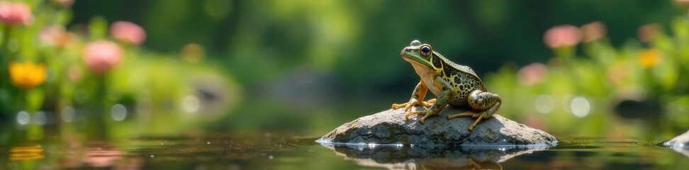 Frog sitting on a rock near a pond with flowers and trees, trees, rock, outdoors