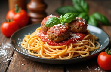 Classic spaghetti with meatballs on gray plate over wood table. Italian dish seasoned with basil and parmesan. Meatballs covered tomato sauce. Serving food at restaurant, cafe.
