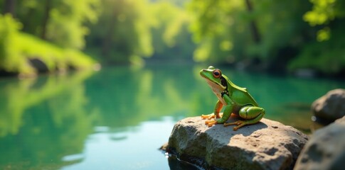 Frog sitting on a sunny rock by a serene lake, serenity, frog, peaceful