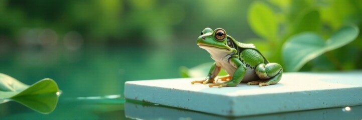 Fototapeta premium Frog sitting on a white panel surrounded by clean water , aquatic life, panel, animal