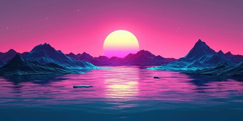 Minimalistic synthwave digital art background of neon blue water with black mountains in the distance, neon pink sun setting over the horizon