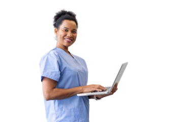 Caring nurse holding a laptop and entering medical data