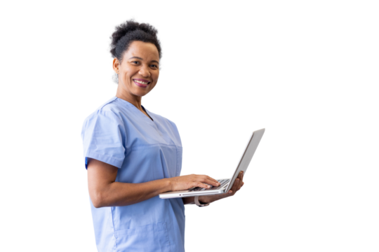 Caring nurse holding a laptop and entering medical data