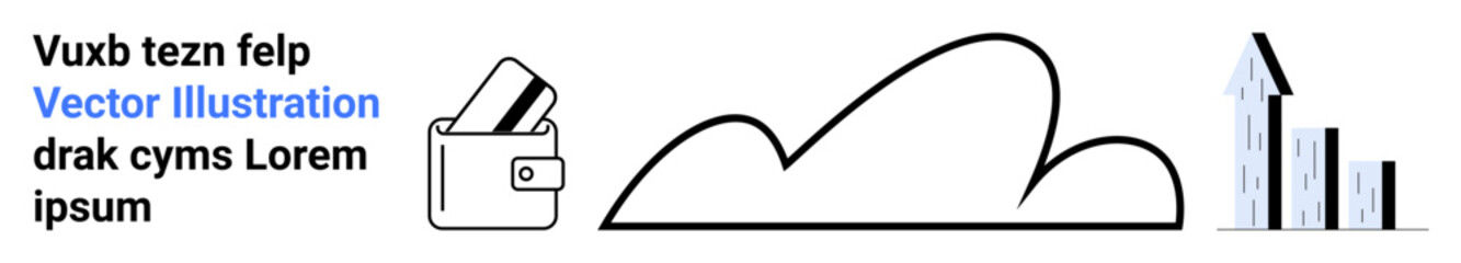 Wallet with credit cards emerging, abstract cloud shape, vertical bar chart indicating growth trends. Ideal for technology, finance, cloud services, data storage, economic analysis, digital security