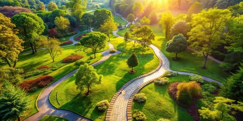 Obraz premium Aerial View: Serpentine Stone Path, Lush Green Park