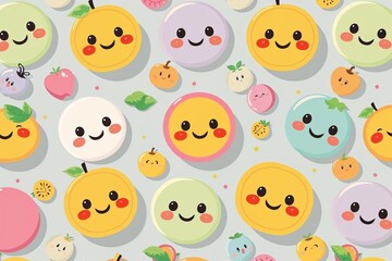 Colorful kawaii fruit pattern with smiling faces