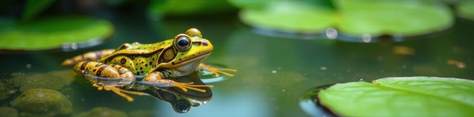 Frog swimming in clear water with lily pads nearby, water, outdoors, aquatic