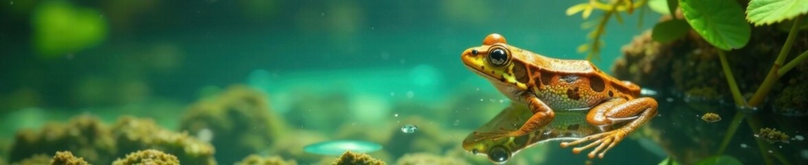 Fototapeta premium Frog swimming in crystal clear water with aquatic plants, lake, fish, aquarium