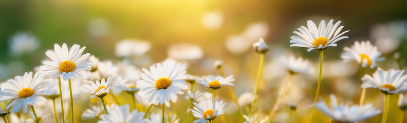 Fototapeta premium A bright daisy field under soft spring sunlight, with a blurred background that highlights the fresh and modern colors of the season.