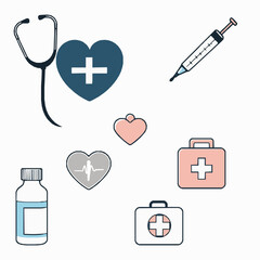 Medical Icon Set, Stethoscope, Syringe, Pill Bottle, Heart Monitor, First Aid Kit, High Quality Vector