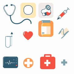 Medical Icon Set, Stethoscope, Syringe, Pill Bottle, Heart Monitor, First Aid Kit, High Quality, Vector