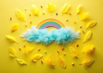 Colorful Rainbow Cloud Rain Feather Flat Lay Minimalist Stock Photo