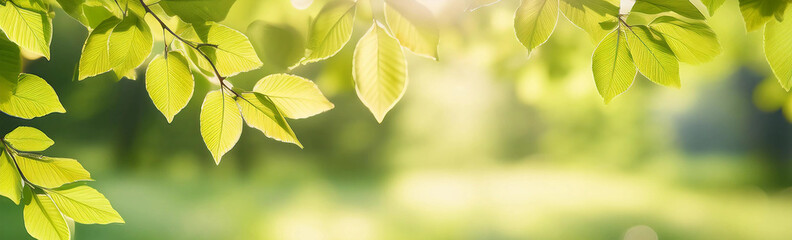 Bright spring sunlight filtering through tree branches, with soft-focus greenery in the background. The colors are warm and inviting, capturing the essence of springtime