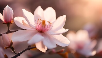 Fototapeta premium Close-up of a blooming flower with a blurred background. The soft colors and gentle springtime vibe create a serene and uplifting mood