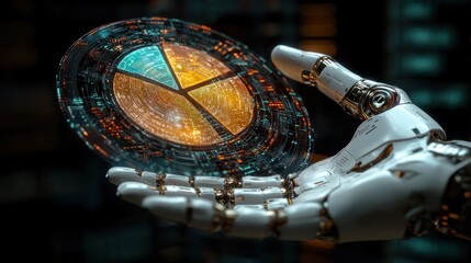 Robotic Hand Presenting Futuristic Pie Chart Data Visualization