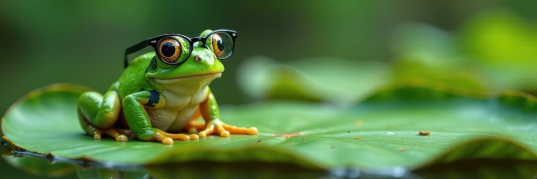Frog wearing glasses on lily pad, sit, animal, frog