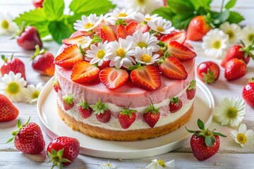 Delicious Two-Layered Strawberry Cake with Fresh Flowers and Berries