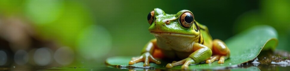 Fototapeta premium Frog with a flycatcher net, fishing, net, nature