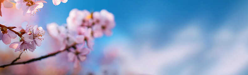Fototapeta premium Close-up of cherry blossoms with a blurred sky background. The bright and fresh colors of spring provide ample space for branding or text overlay