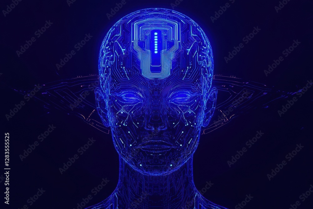 Leinwandbilder Silhouette of a human head featuring a detailed circuit board pattern and glowing neon lines in a futuristic AI design. Generative AI