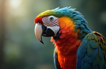 Obraz premium Close-up of vibrant macaw parrot with detailed plumage, feathers, and beak against a blurred background. Exotic bird with bright colors poses, showcasing wild nature, beauty, and tropical essence.