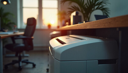 Fototapeta premium Paper shredder under office desk with power light indicating readiness, evening light casting shadows, security necessity