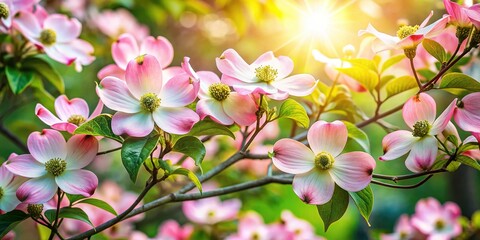 Fototapeta premium Dogwood Tree in Full Bloom - Spring Blossoms, White Flowers, Pink Dogwood